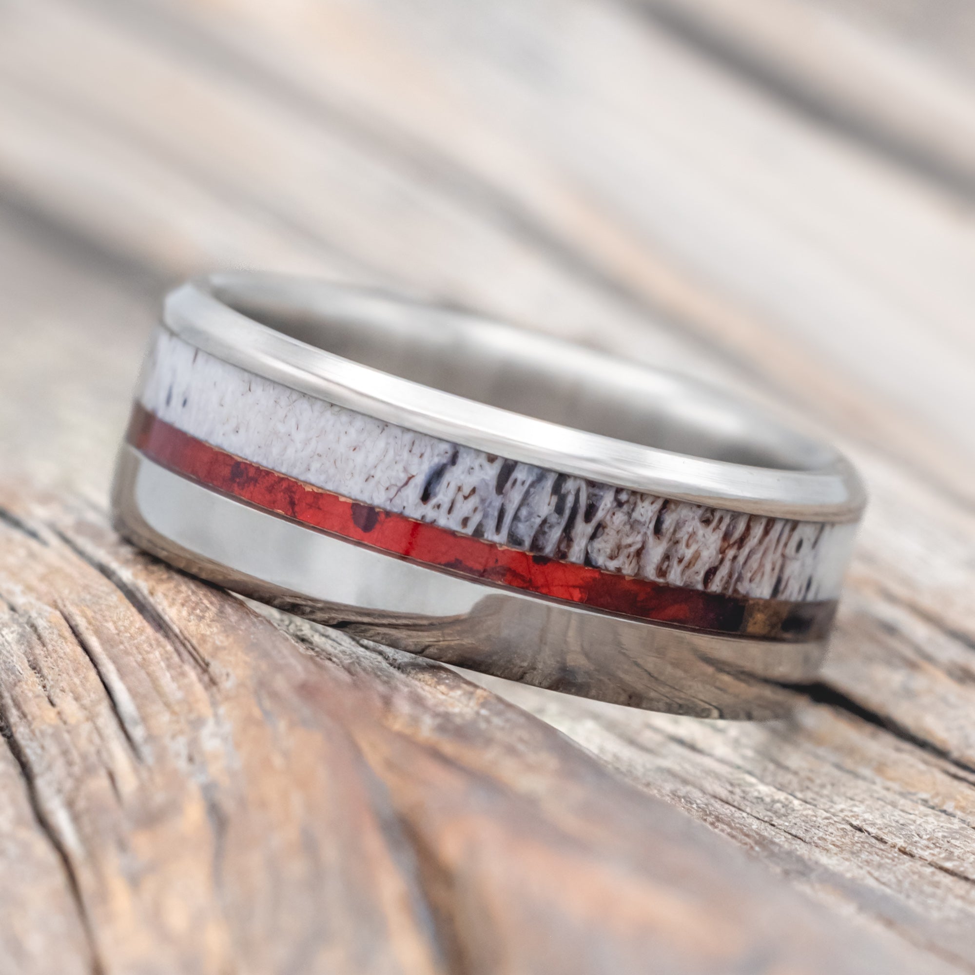 "TANNER" - RED PATINA COPPER & ANTLER WEDDING RING-Staghead Designs