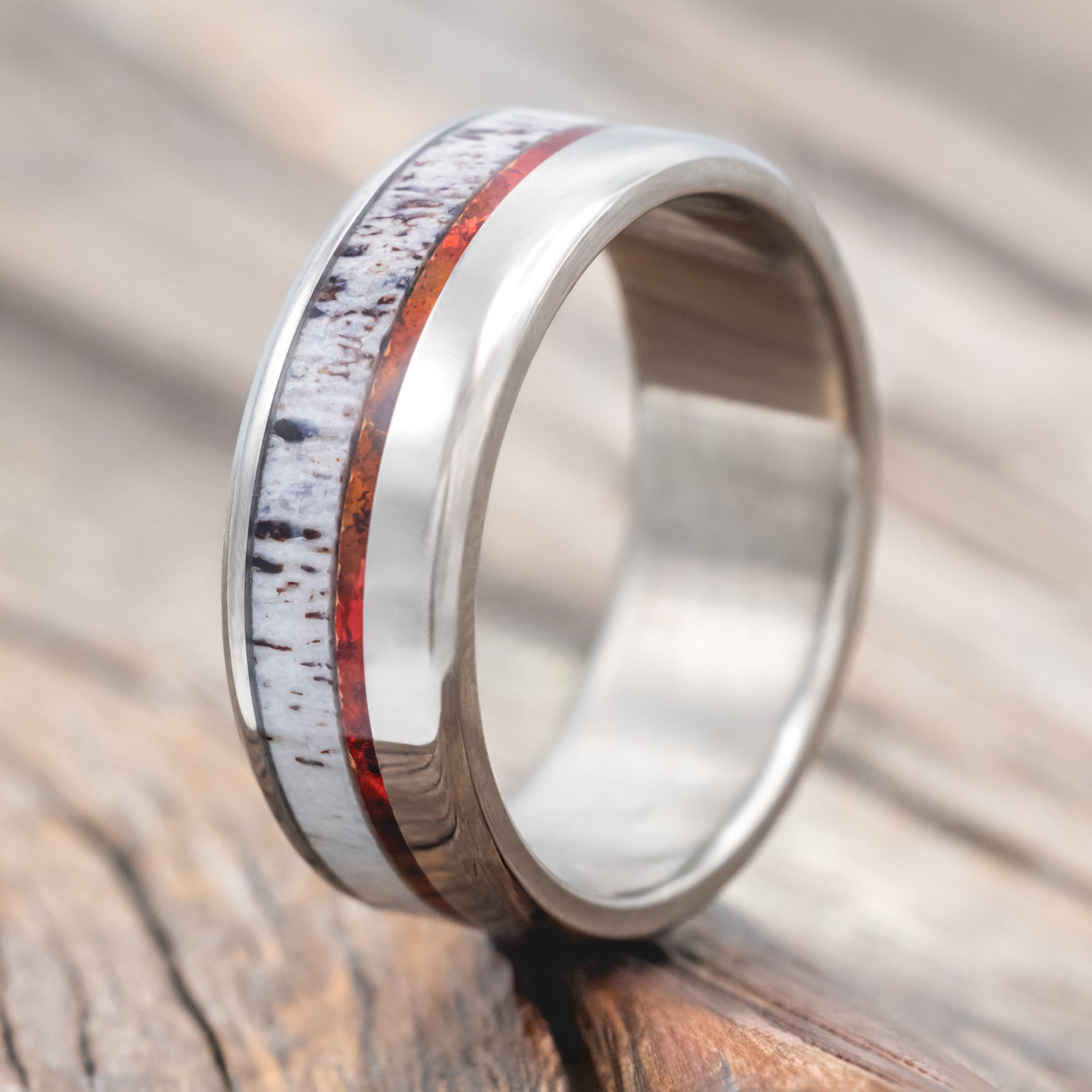 "TANNER" - RED PATINA COPPER & ANTLER WEDDING RING-Staghead Designs