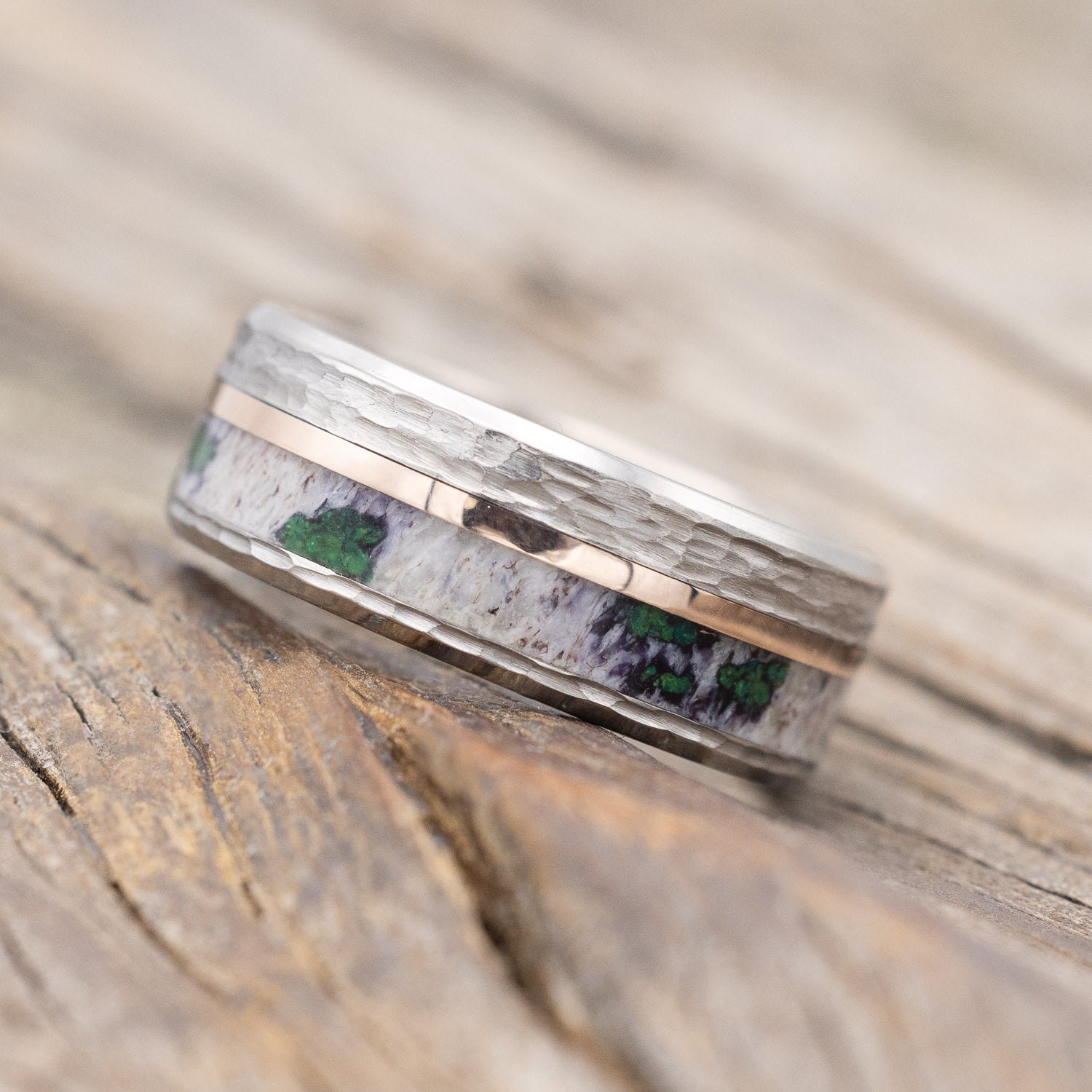 "TANNER" - ANTLER, MOSS & 14K GOLD INLAY WEDDING RING IN A HAMMERED FINISH-Staghead Designs