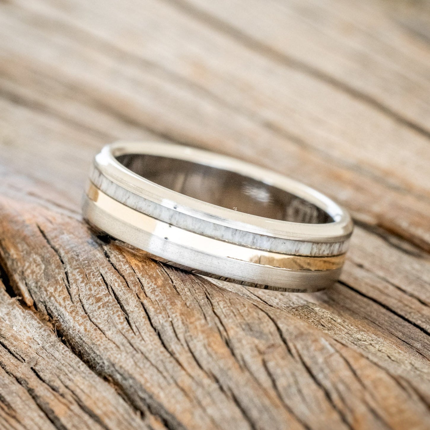 "TANNER" - ANTLER & 14K GOLD INLAY WEDDING BAND WITH A BRUSHED FINISH-2