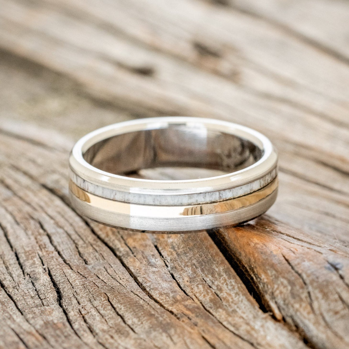 "TANNER" - ANTLER & 14K GOLD INLAY WEDDING BAND WITH A BRUSHED FINISH-3