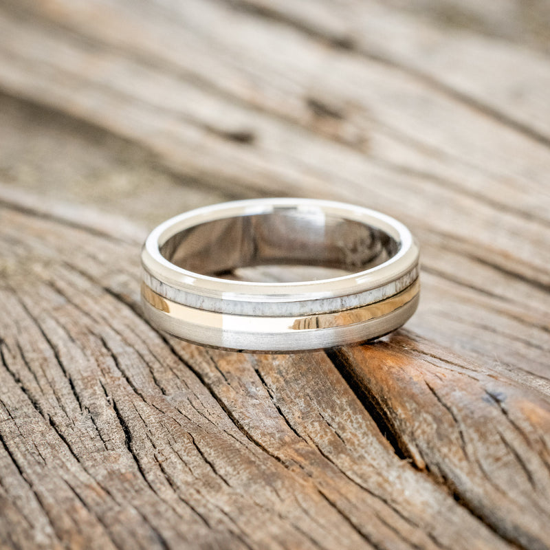 "TANNER" - ANTLER & 14K GOLD INLAY WEDDING BAND WITH A BRUSHED FINISH-3