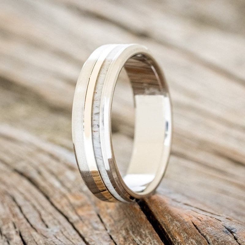 "TANNER" - ANTLER & 14K GOLD INLAY WEDDING BAND WITH A BRUSHED FINISH-1