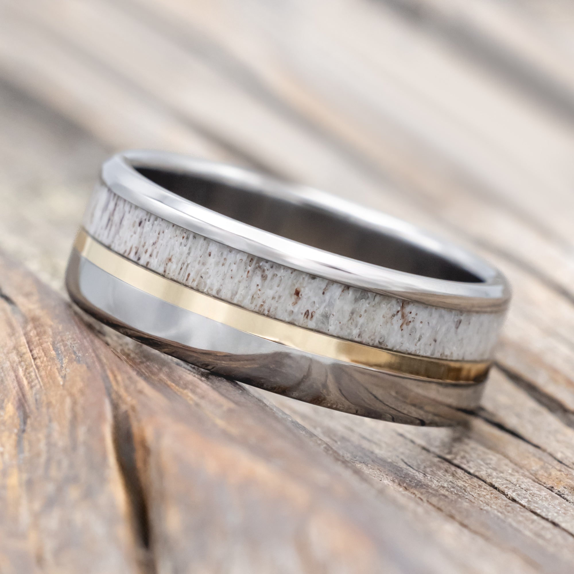 "TANNER" - ELK ANTLER & 14K GOLD INLAY WEDDING BAND-Staghead Designs
