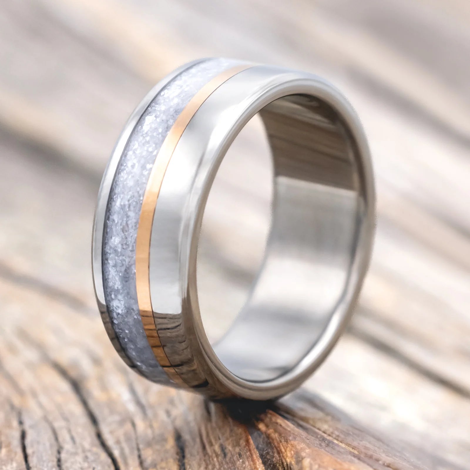 "Tanner" - Diamond Dust & 14K Rose Gold Inlay Wedding Band - Titanium (6mm) - Size 8 3/4
