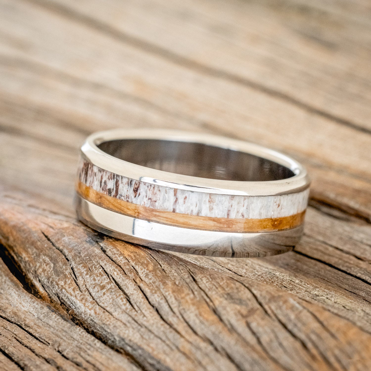 "TANNER" - WHISKEY BARREL OAK & ANTLER WEDDING RING - READY TO SHIP-2