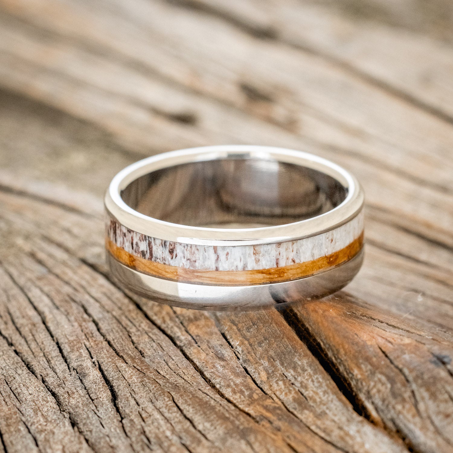 "TANNER" - WHISKEY BARREL OAK & ANTLER WEDDING RING - READY TO SHIP-3