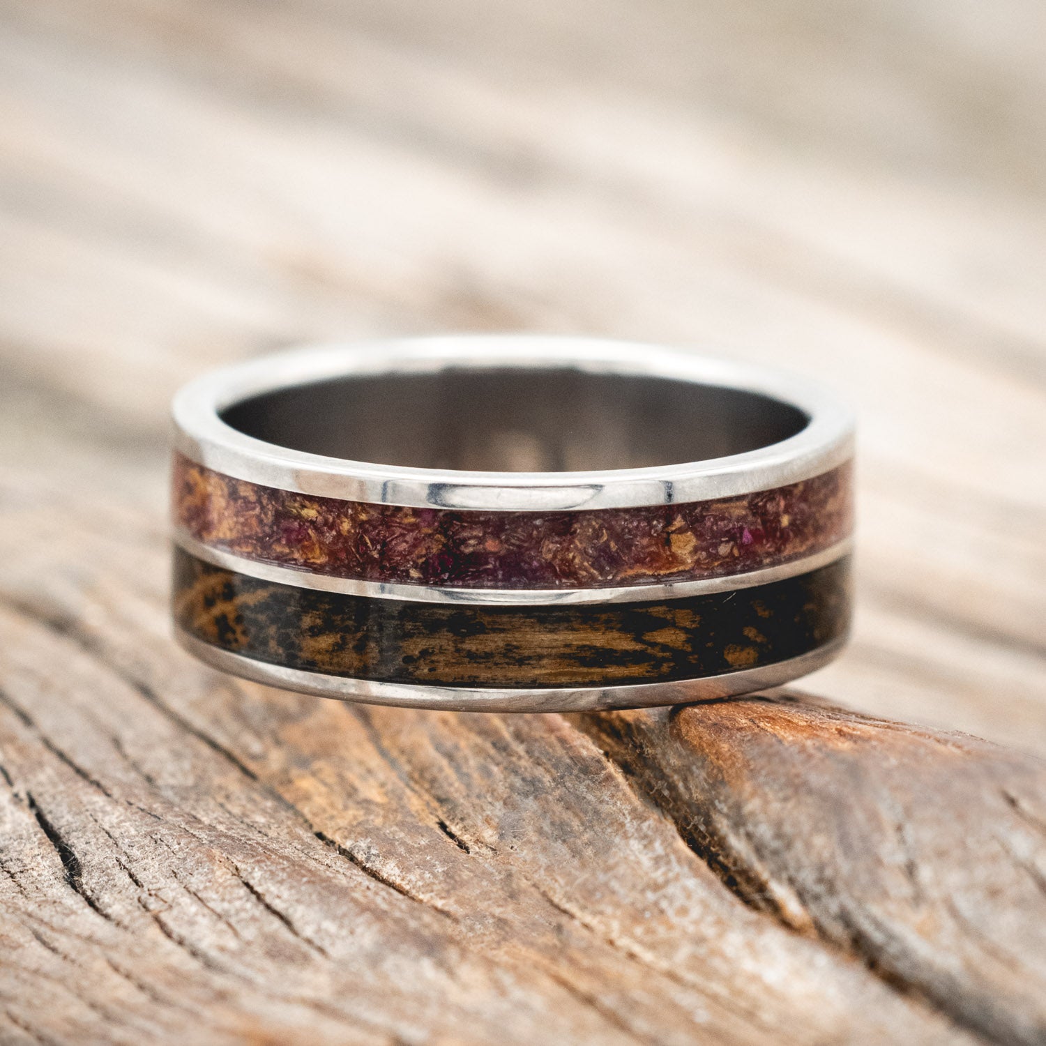 "DYAD" - TATTOO INK, ROSE PETALS & WHISKEY BARREL OAK WEDDING BAND-Staghead Designs