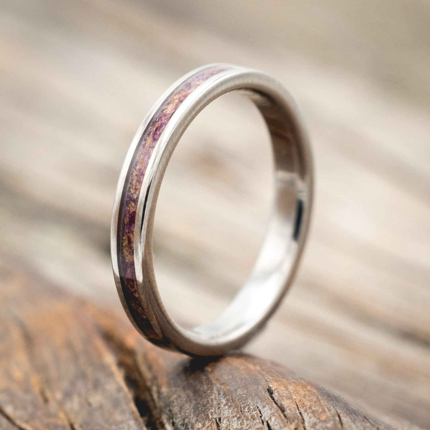 "DYAD" - MATCHING SET OF ROSE PETALS, TATTOO INK & WHISKEY BARREL OAK INLAY WEDDING BANDS-Staghead Designs