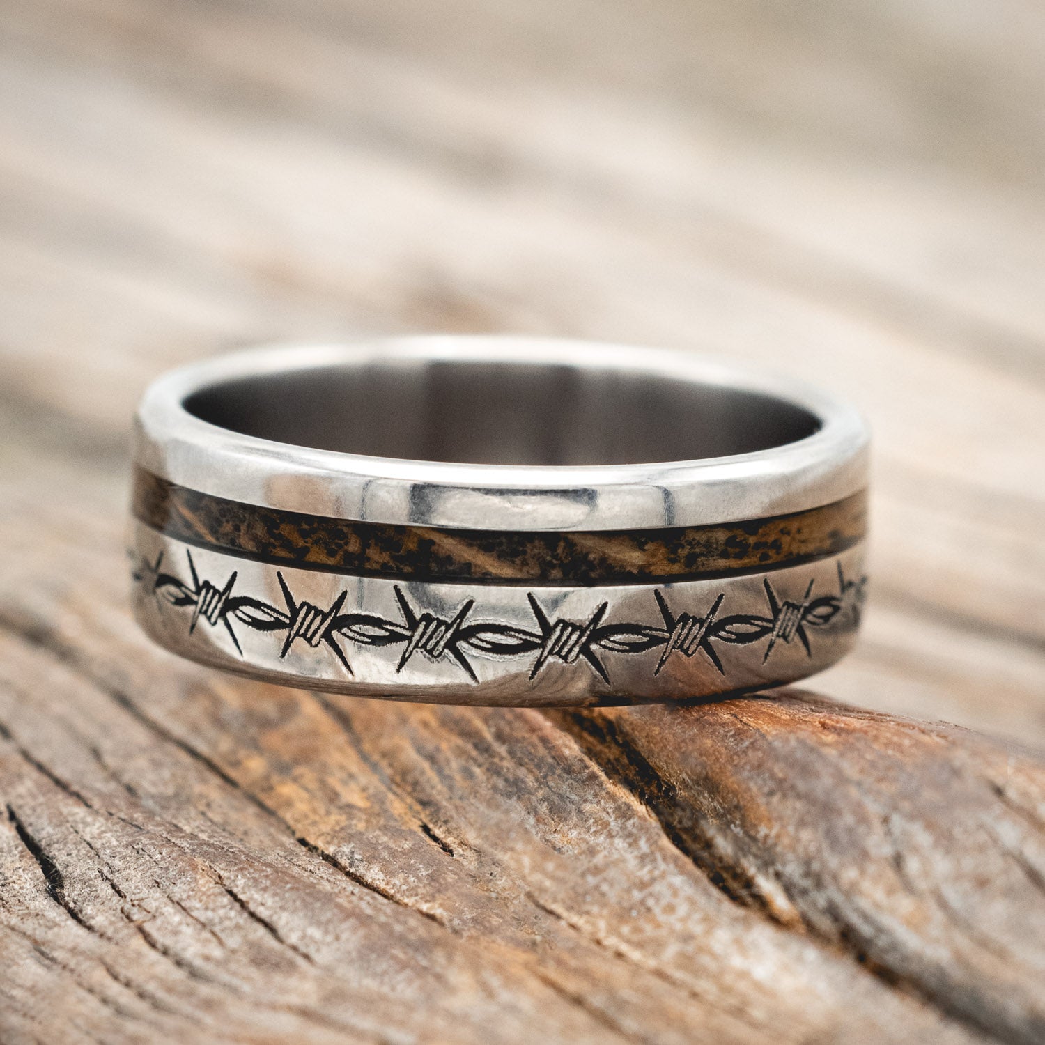 "VERTIGO" - MATCHING SET OF BARBED WIRE ENGRAVED & TATTOO INK WEDDING BANDS-Staghead Designs