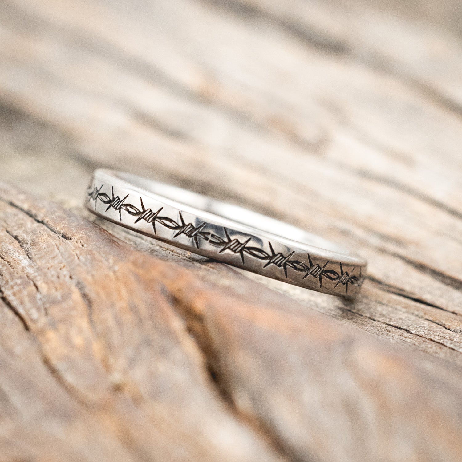 "VERTIGO" - MATCHING SET OF BARBED WIRE ENGRAVED & TATTOO INK WEDDING BANDS-Staghead Designs