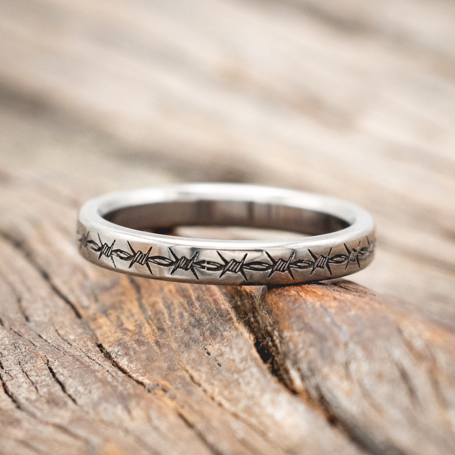 "VERTIGO" - MATCHING SET OF BARBED WIRE ENGRAVED & TATTOO INK WEDDING BANDS-Staghead Designs