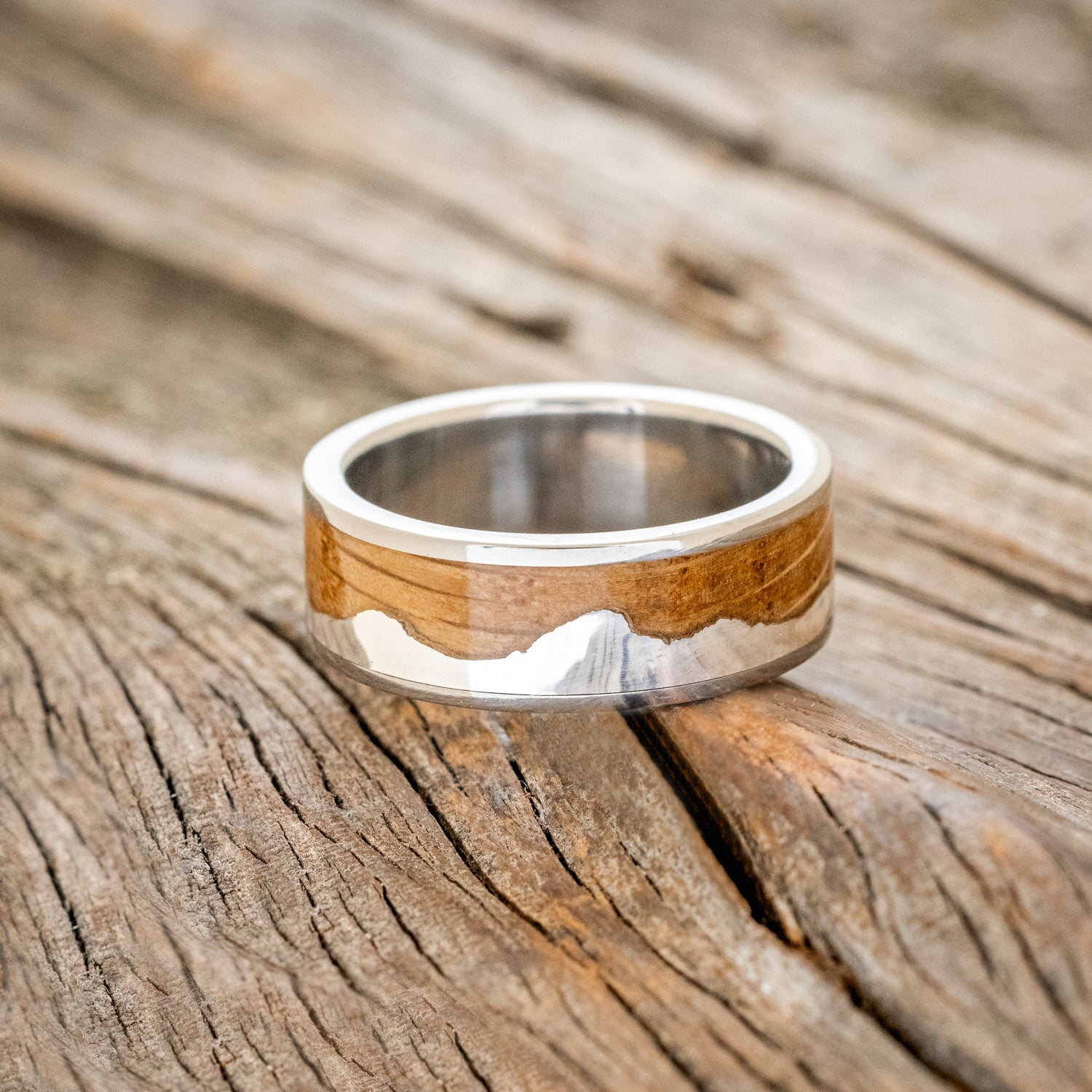 "HELIOS" - WHISKEY BARREL OAK & SILVER TETON MOUNTAIN RANGE WEDDING BAND-3