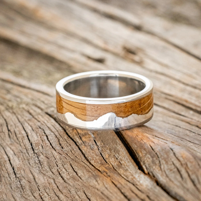 "HELIOS" - WHISKEY BARREL OAK & SILVER MOUNTAIN RANGE WEDDING BAND - TITANIUM - SIZE 10-3