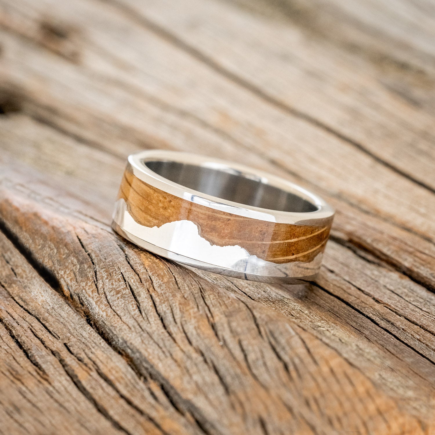 "HELIOS" - WHISKEY BARREL OAK & SILVER TETON MOUNTAIN RANGE WEDDING BAND-2