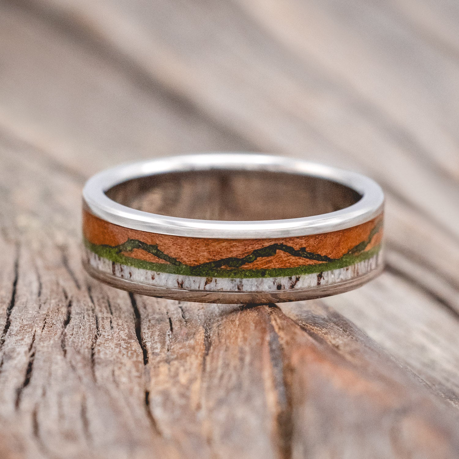 "THE EXPEDITION" - MOUNTAIN ENGRAVED WEDDING RING WITH REDWOOD, MOSS & ANTLER-Staghead Designs