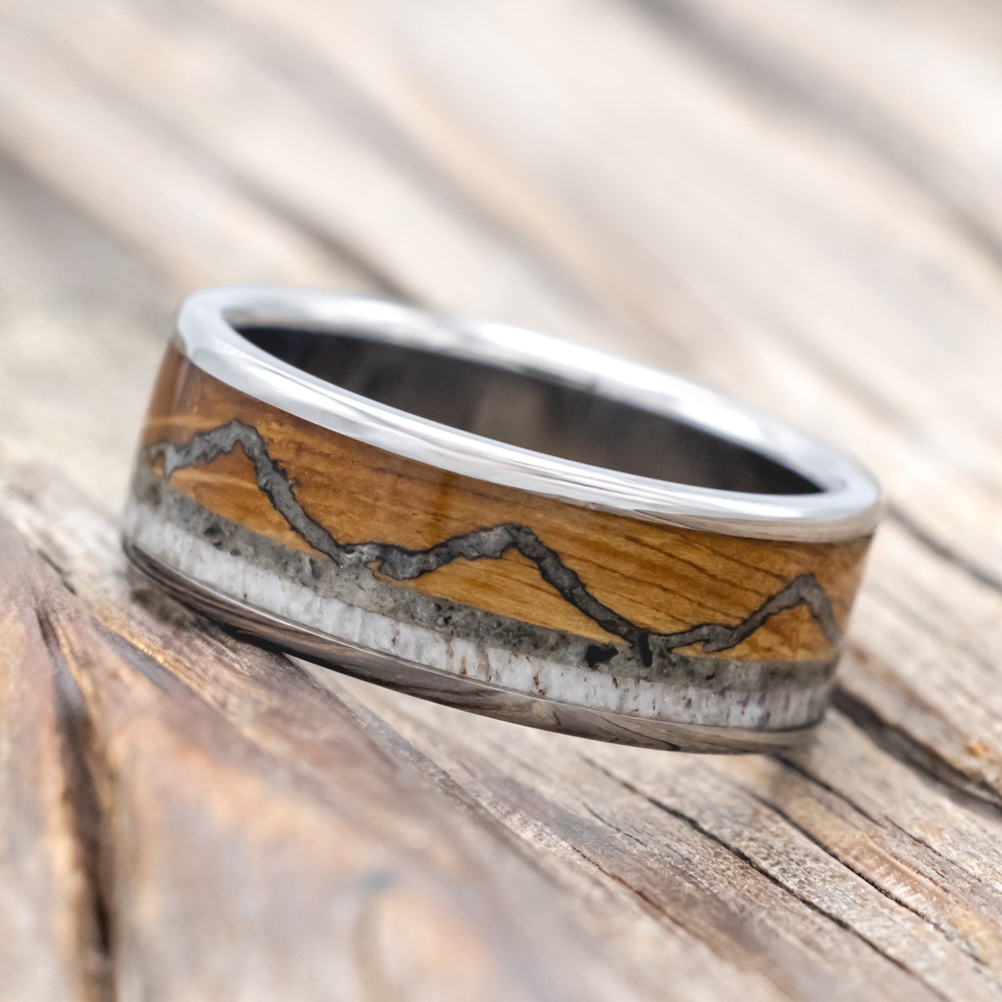 "THE EXPEDITION" - MOUNTAIN ENGRAVED WEDDING RING WITH WHISKEY BARREL OAK, MOONSTONE & ANTLER-Staghead Designs