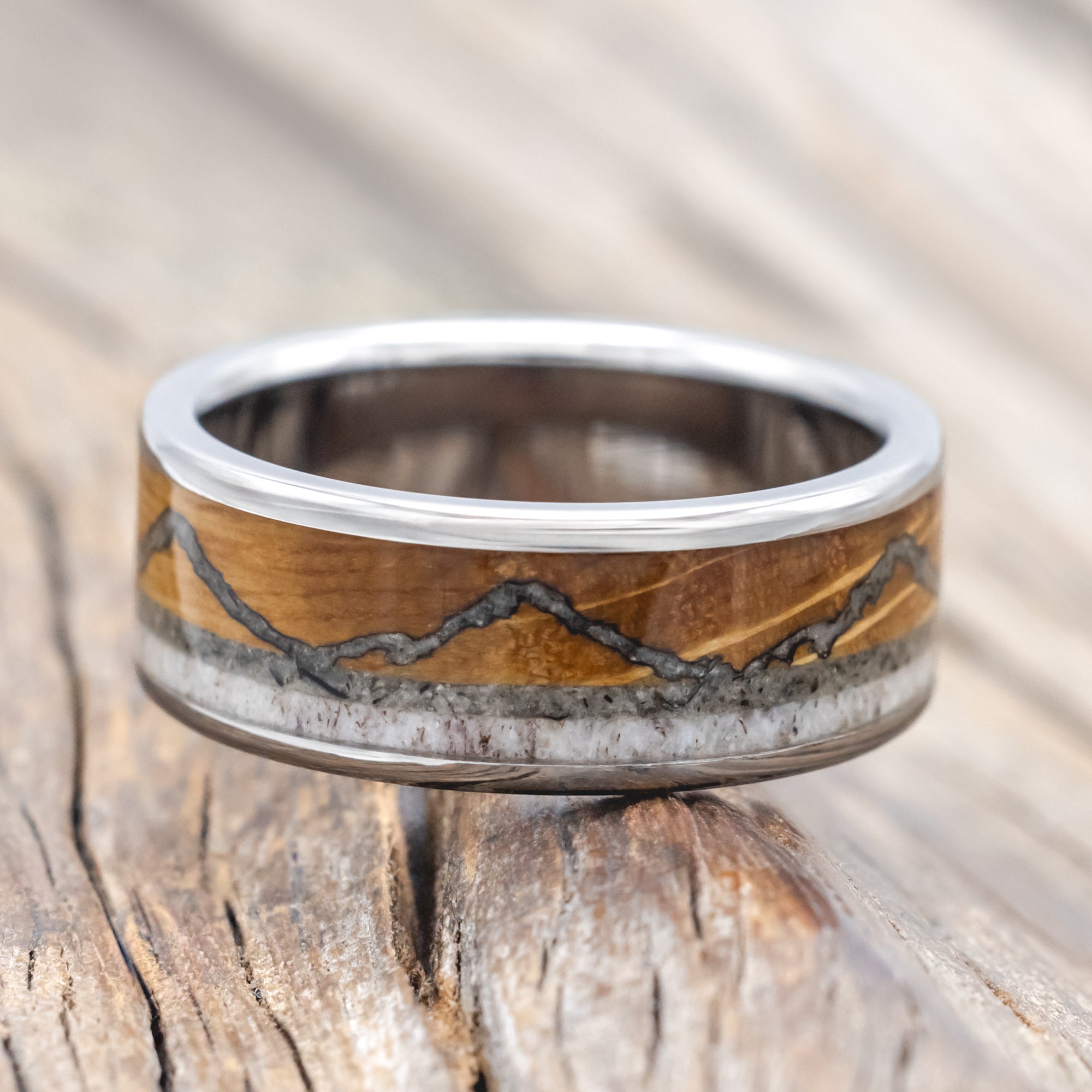 "THE EXPEDITION" - MOUNTAIN ENGRAVED WEDDING RING WITH WHISKEY BARREL OAK, MOONSTONE & ANTLER-Staghead Designs