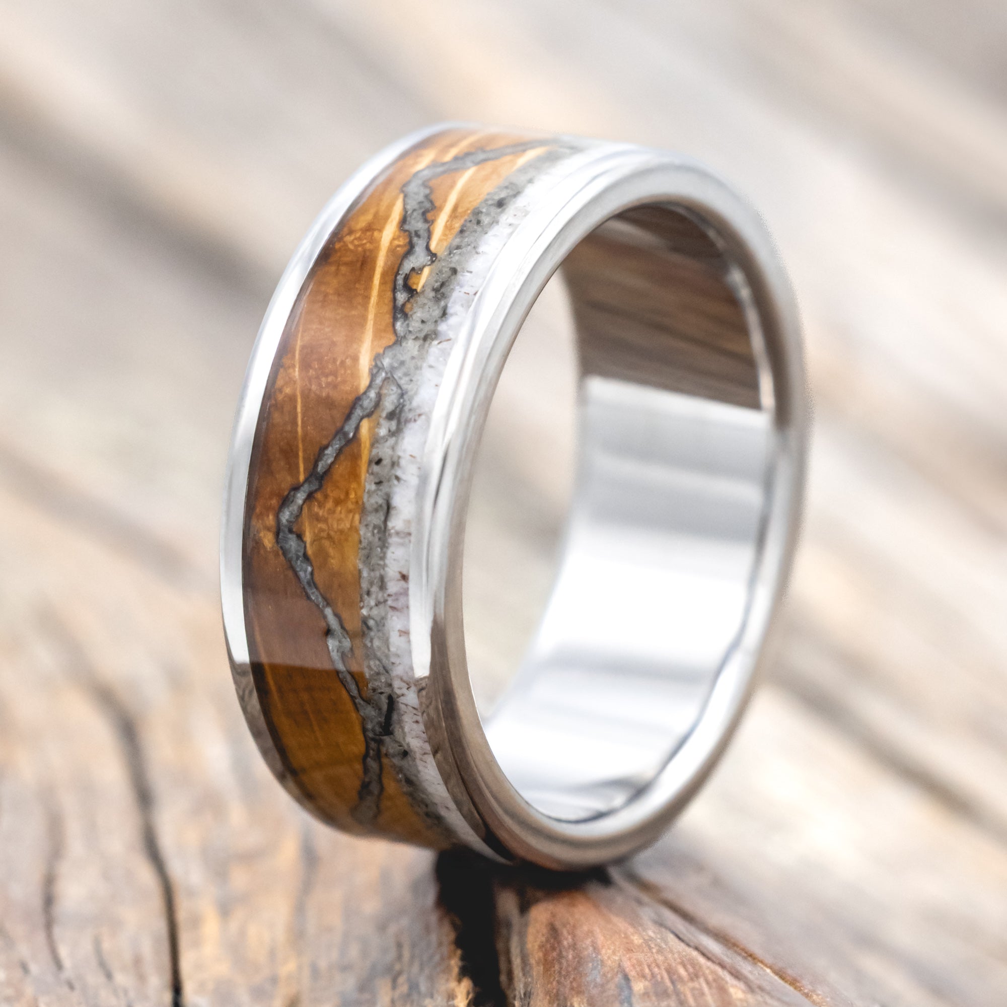 "THE EXPEDITION" - MOUNTAIN ENGRAVED WEDDING RING WITH WHISKEY BARREL OAK, MOONSTONE & ANTLER-Staghead Designs