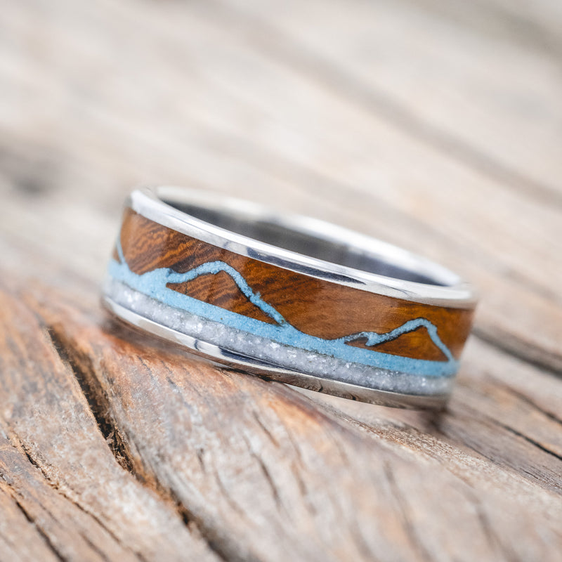 "THE EXPEDITION" - MOUNTAIN ENGRAVED WEDDING RING WITH IRONWOOD, TURQUOISE & DIAMOND DUST-Staghead Designs