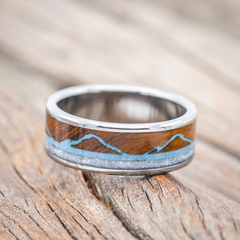 "THE EXPEDITION" - MOUNTAIN ENGRAVED WEDDING RING WITH IRONWOOD, TURQUOISE & DIAMOND DUST-Staghead Designs