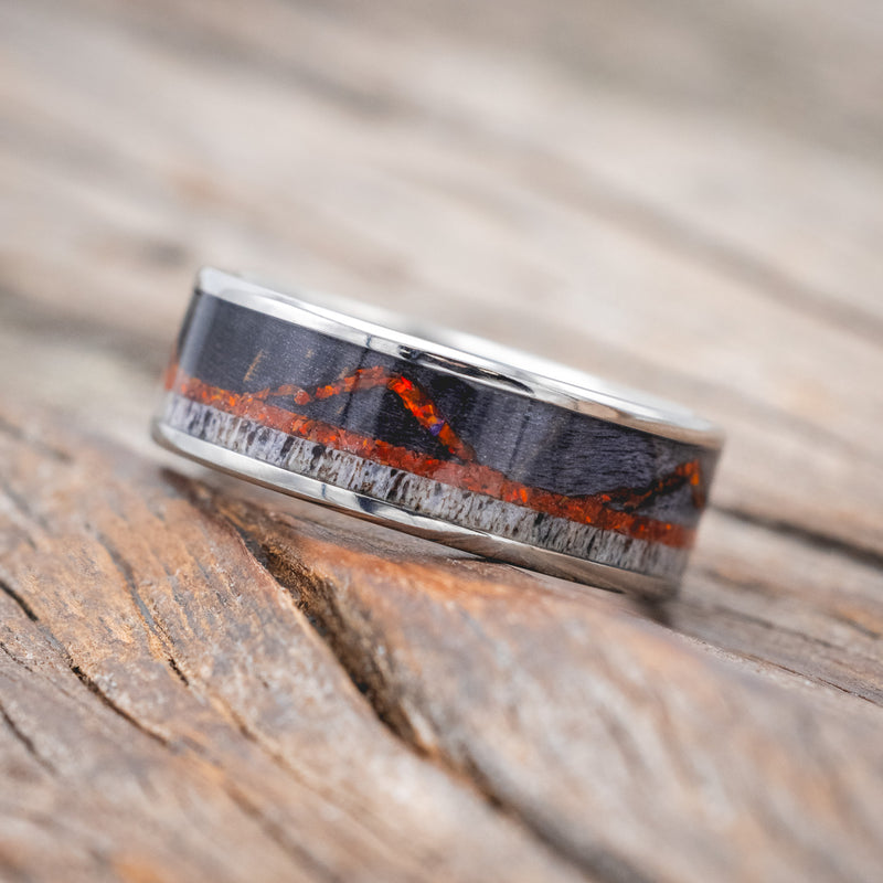 "THE EXPEDITION" - MOUNTAIN ENGRAVED WEDDING RING WITH DARK MAPLE, RED OPAL & ANTLER