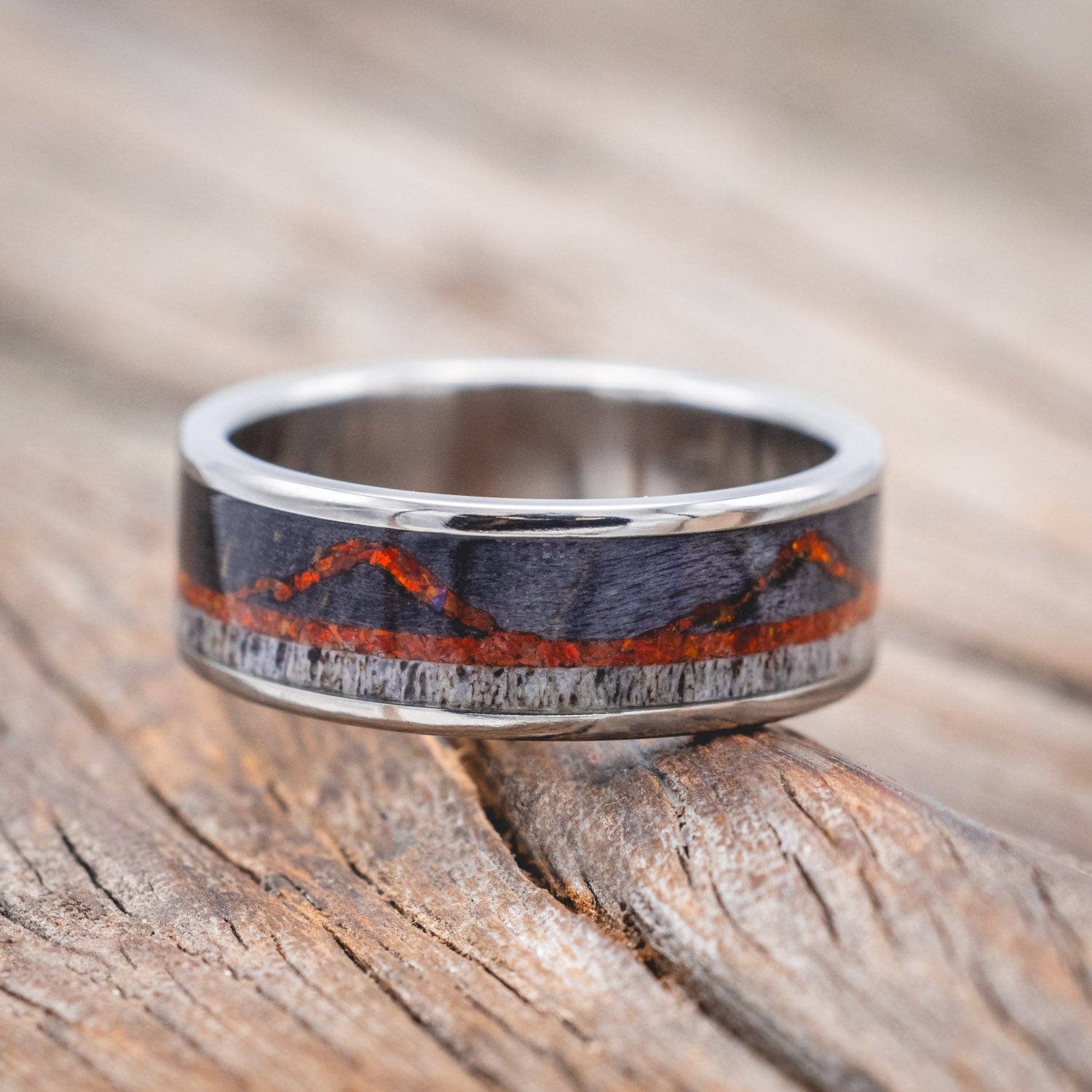 "THE EXPEDITION" - MOUNTAIN ENGRAVED WEDDING RING WITH DARK MAPLE, RED OPAL & ANTLER-Staghead Designs
