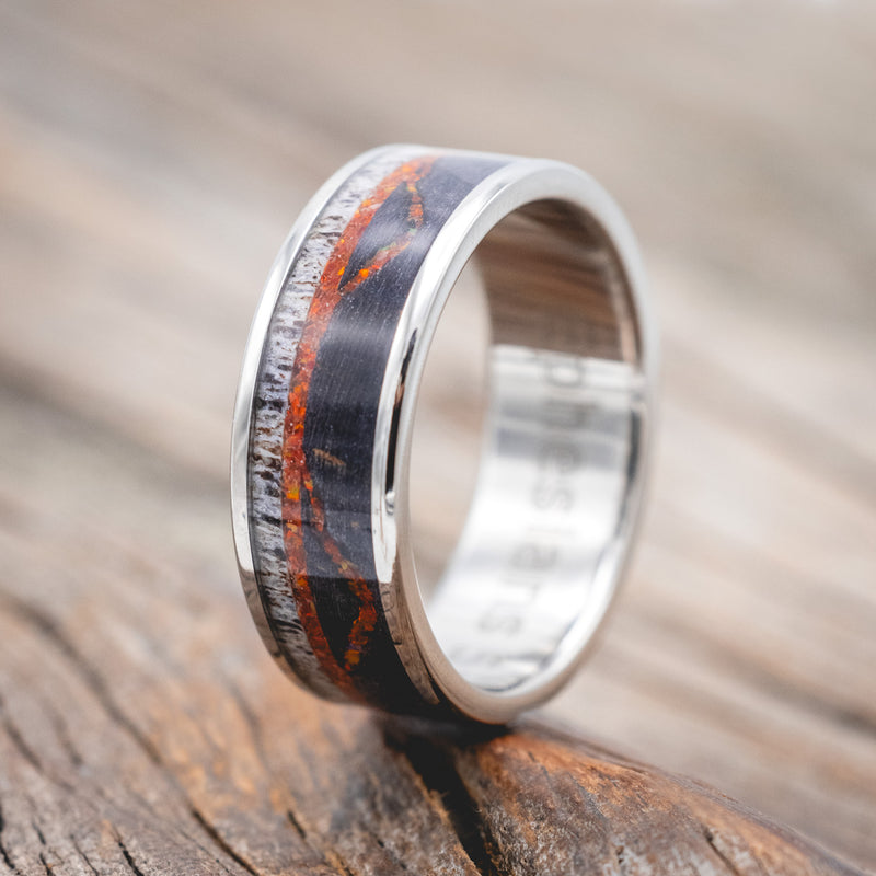 "THE EXPEDITION" - MOUNTAIN ENGRAVED WEDDING RING WITH DARK MAPLE, RED OPAL & ANTLER