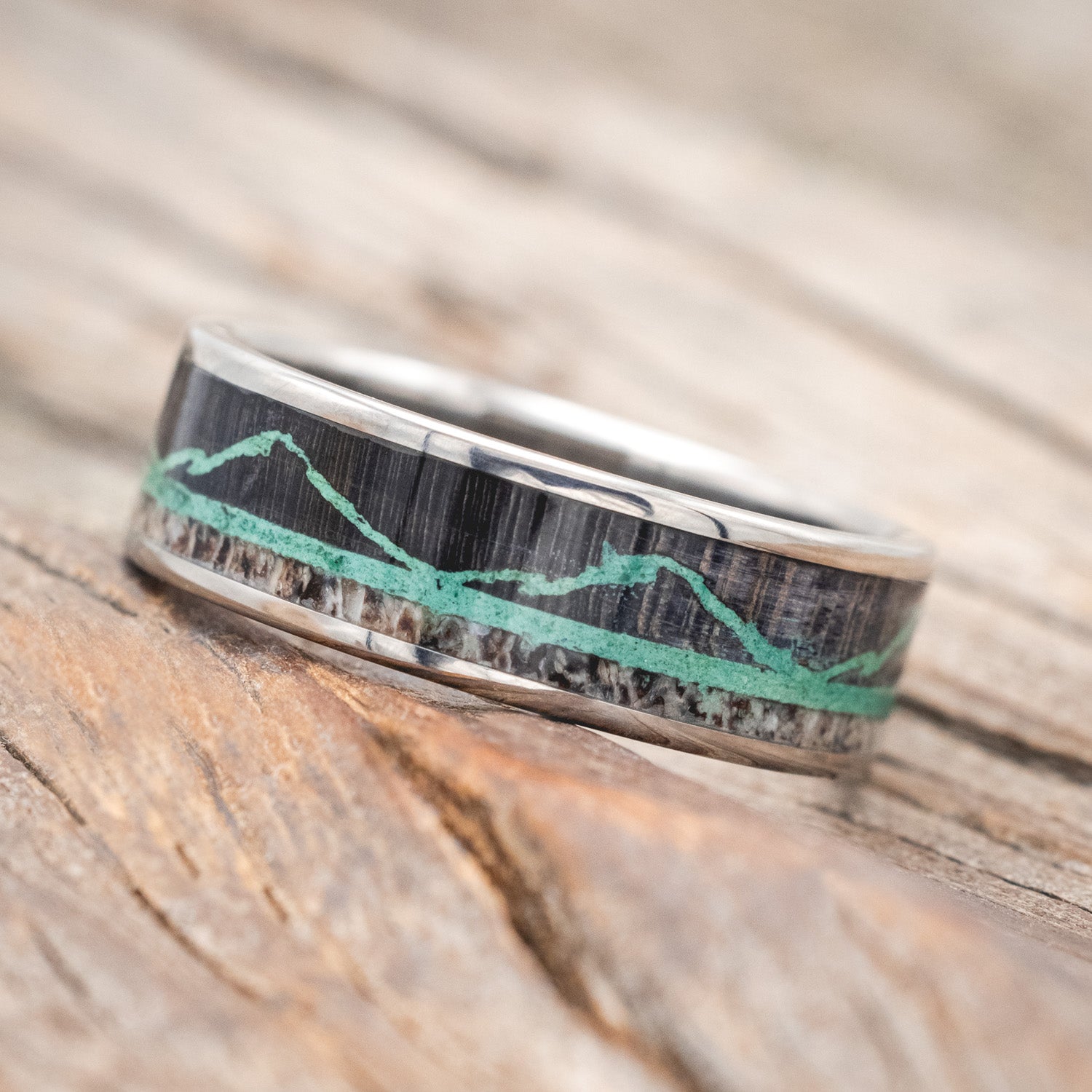 "THE EXPEDITION" - MOUNTAIN ENGRAVED WEDDING RING WITH DARK MAPLE, MALACHITE & ANTLER-Staghead Designs
