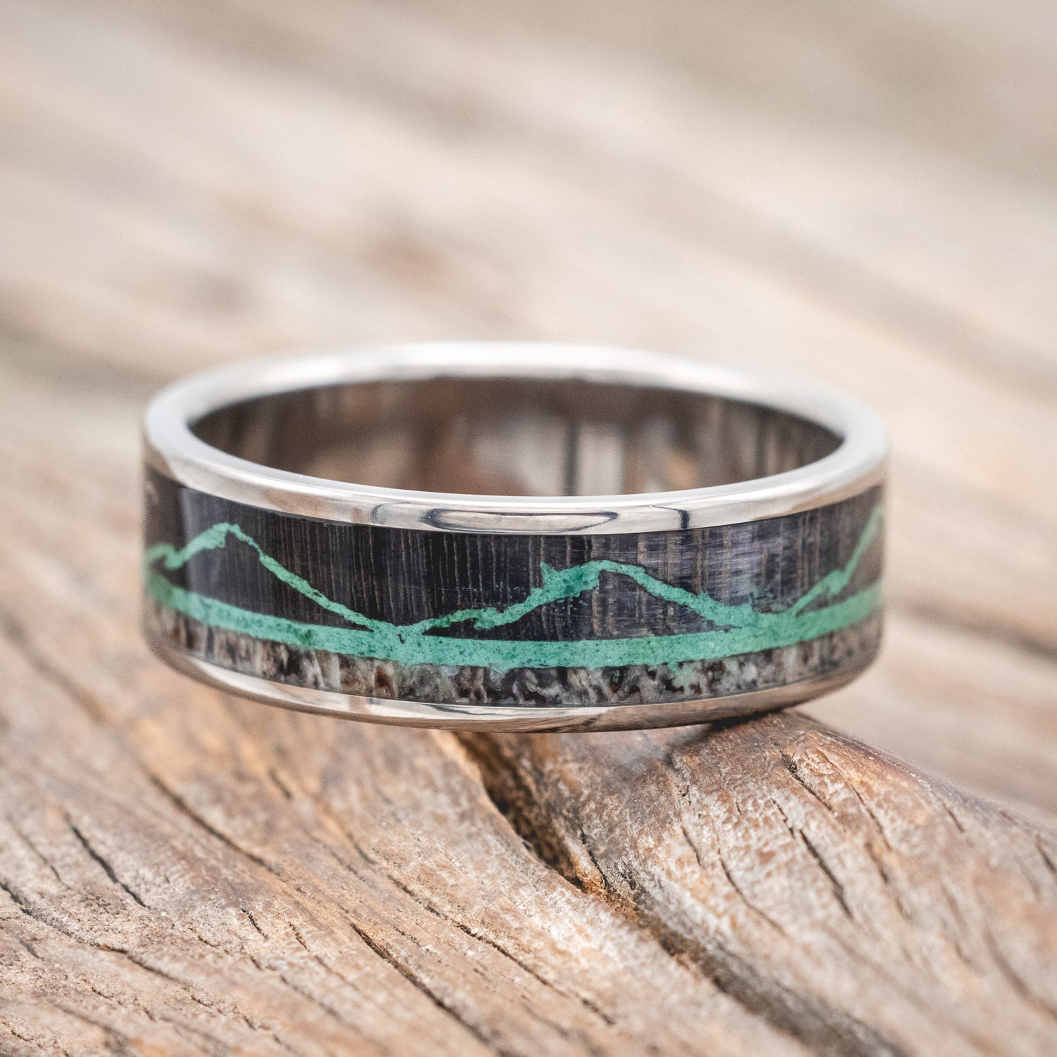 "THE EXPEDITION" - MOUNTAIN ENGRAVED WEDDING RING WITH DARK MAPLE, MALACHITE & ANTLER-Staghead Designs