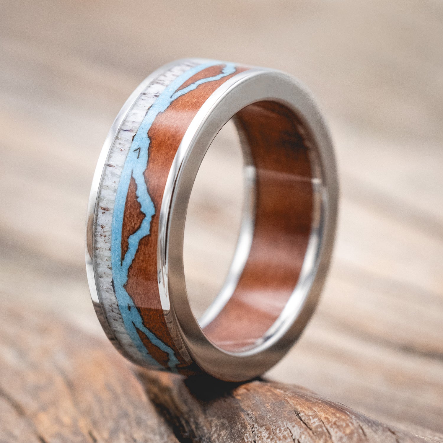 "THE EXPEDITION" - MOUNTAIN ENGRAVED WEDDING RING WITH REDWOOD, TURQUOISE & ANTLER WITH REDWOOD LINING-Staghead Designs