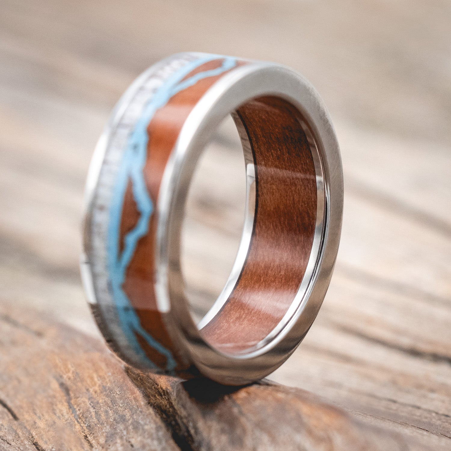 "THE EXPEDITION" - MOUNTAIN ENGRAVED WEDDING RING WITH REDWOOD, TURQUOISE & ANTLER WITH REDWOOD LINING-Staghead Designs