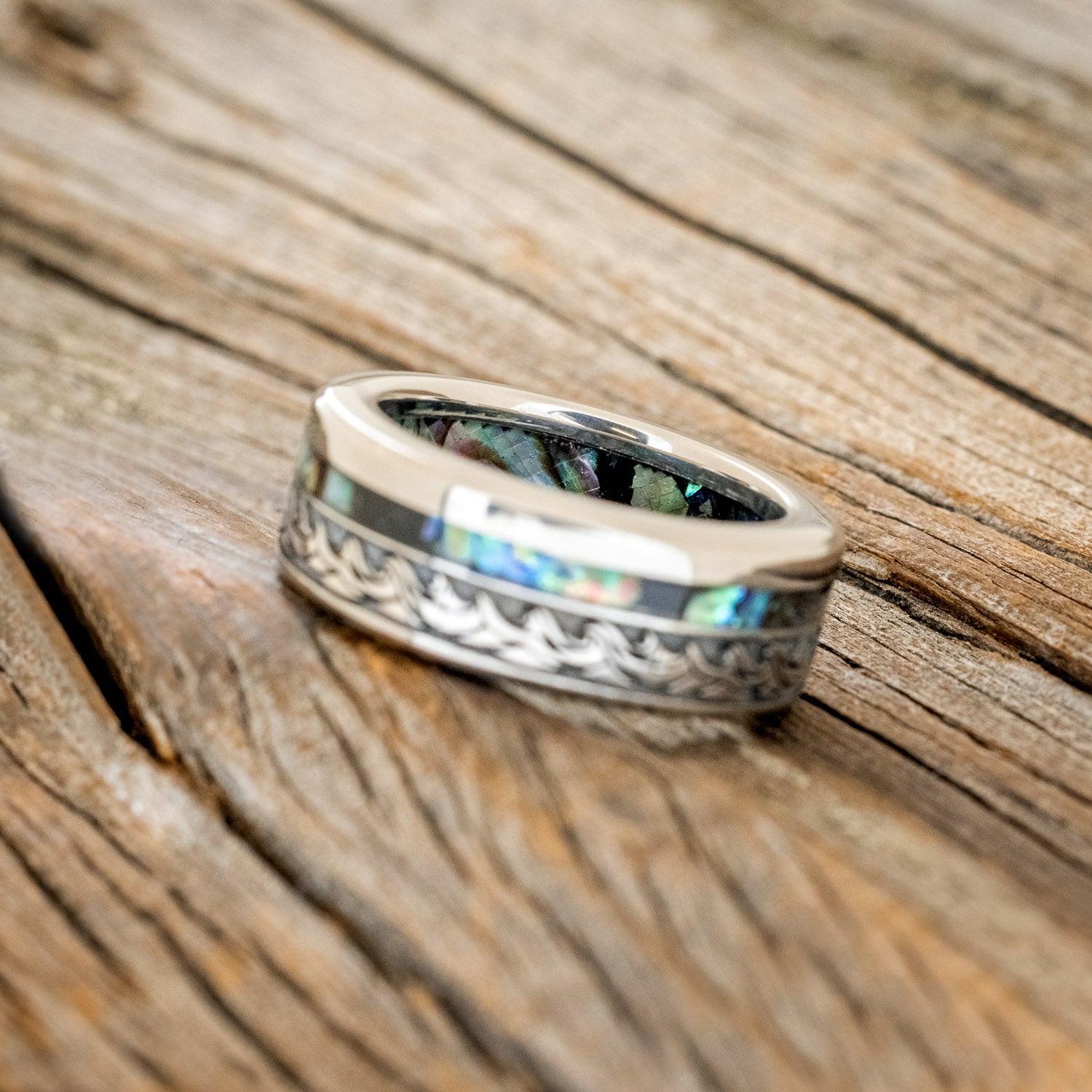 "TRITON" - WAVE ENGRAVED WEDDING BAND WITH PAUA SHELL INLAY & LINING-5