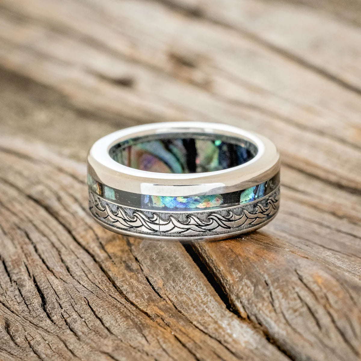 "Triton" - Wave Engraved Wedding Band With Paua Shell Inlay & Lining - Titanium (8mm) - Size 9 3/4