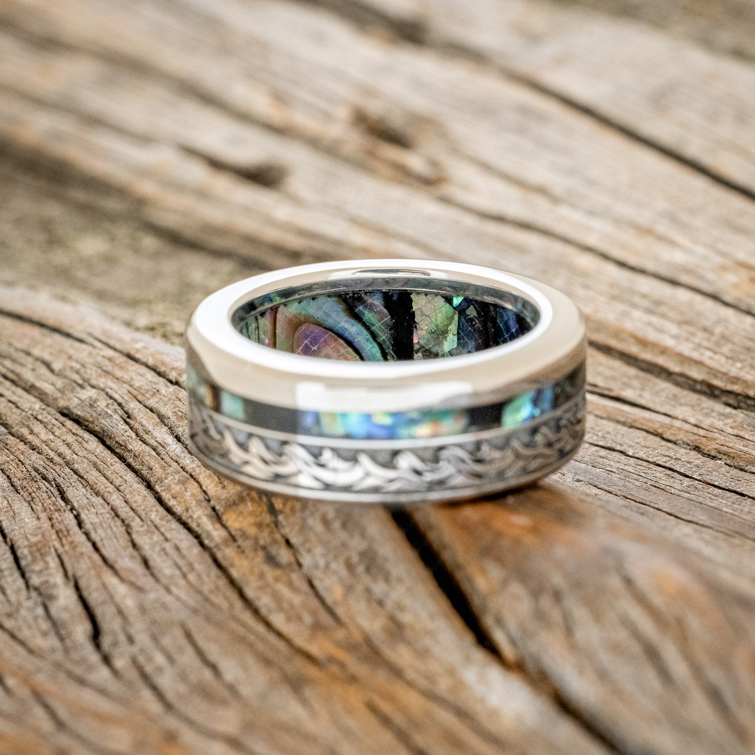 "TRITON" - WAVE ENGRAVED WEDDING BAND WITH PAUA SHELL INLAY & LINING-6