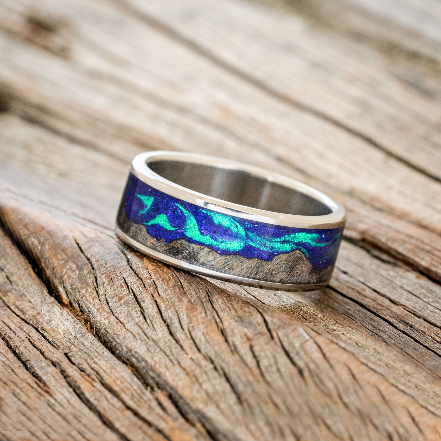 "BOREALIS" - MOUNTAIN ENGRAVED WEDDING RING WITH DARK MAPLE WOOD & GLOW IN THE DARK NORTHERN LIGHTS-5