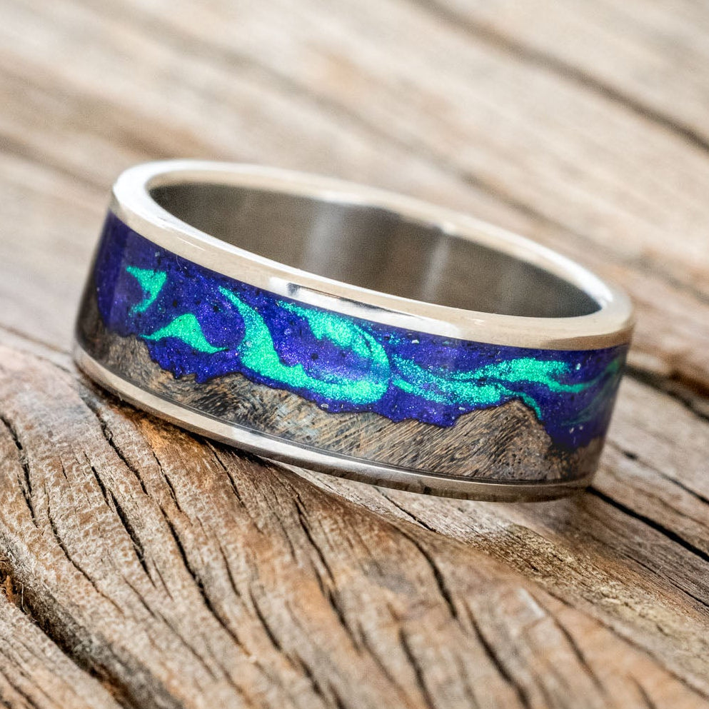 "BOREALIS" - MOUNTAIN ENGRAVED WEDDING RING WITH DARK MAPLE WOOD & GLOW IN THE DARK NORTHERN LIGHTS-5