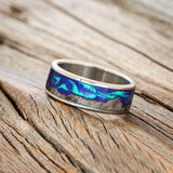 "BOREALIS" - MOUNTAIN ENGRAVED WEDDING RING WITH DARK GRAY MAPLE WOOD & GLOW IN THE DARK NORTHERN LIGHTS - TITANIUM - SIZE 7 3/4-Staghead Designs