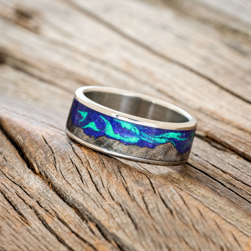 "BOREALIS" - MOUNTAIN ENGRAVED WEDDING RING WITH DARK GRAY MAPLE WOOD & GLOW IN THE DARK NORTHERN LIGHTS - TITANIUM - SIZE 7 3/4-Staghead Designs