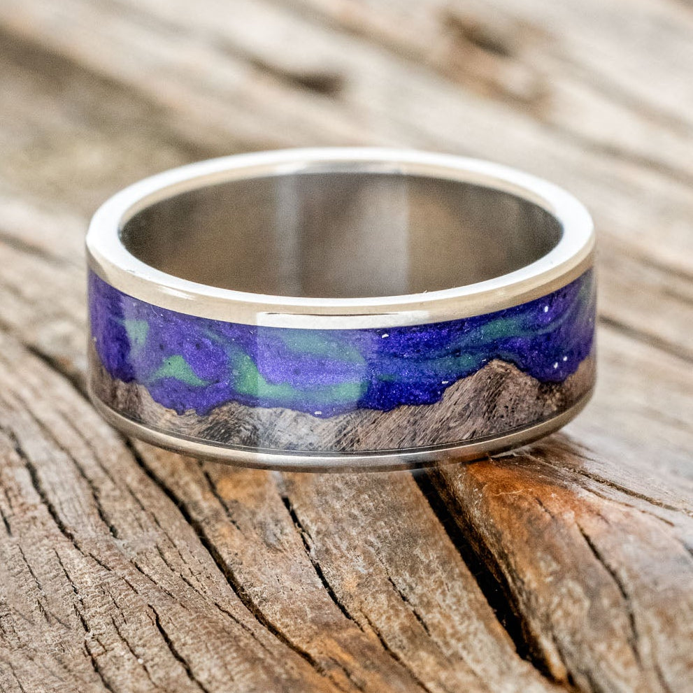 "BOREALIS" - MOUNTAIN ENGRAVED WEDDING RING WITH DARK MAPLE WOOD & GLOW IN THE DARK NORTHERN LIGHTS-3