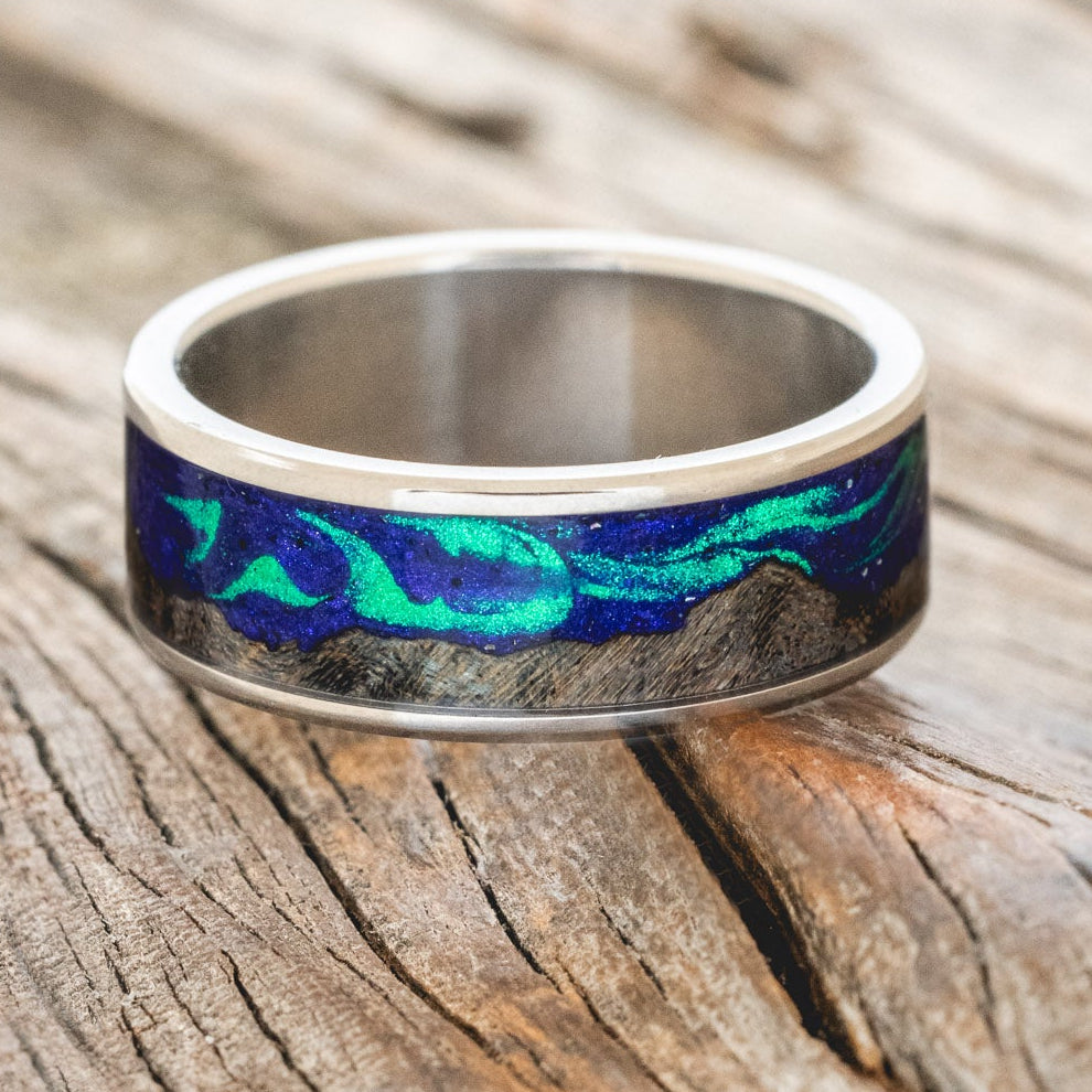 "BOREALIS" - MOUNTAIN ENGRAVED WEDDING RING WITH DARK MAPLE WOOD & GLOW IN THE DARK NORTHERN LIGHTS-6
