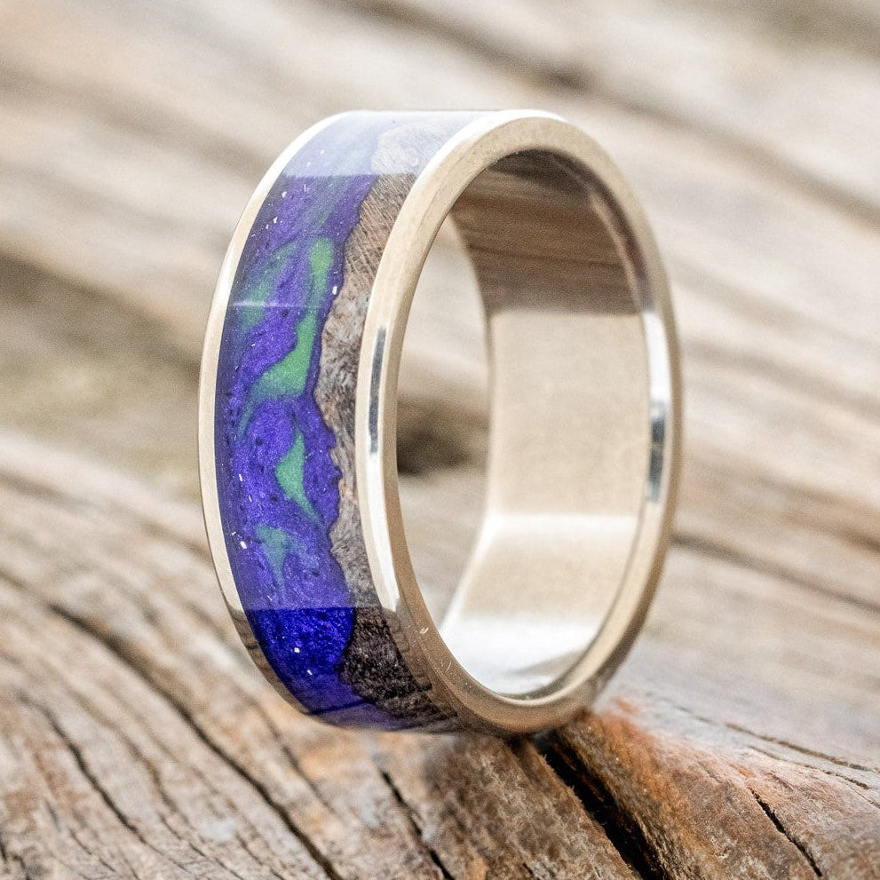 "BOREALIS" - MOUNTAIN ENGRAVED WEDDING RING WITH DARK MAPLE WOOD & GLOW IN THE DARK NORTHERN LIGHTS-2