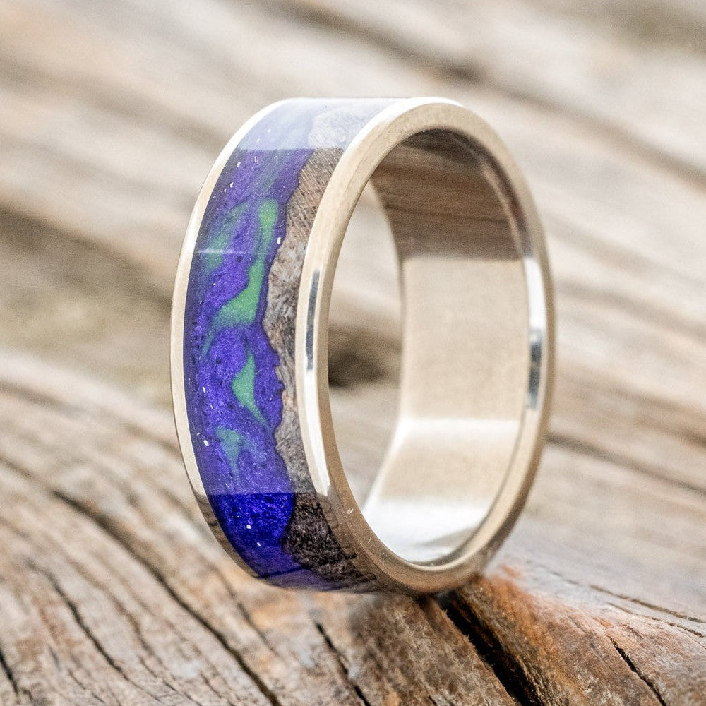 "BOREALIS" - MOUNTAIN ENGRAVED WEDDING RING WITH GLOW IN THE DARK NORTHERN LIGHTS-Staghead Designs