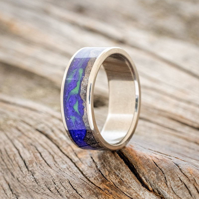 "BOREALIS" - MOUNTAIN ENGRAVED WEDDING RING WITH DARK GRAY MAPLE WOOD & GLOW IN THE DARK NORTHERN LIGHTS - TITANIUM - SIZE 7 3/4-Staghead Designs