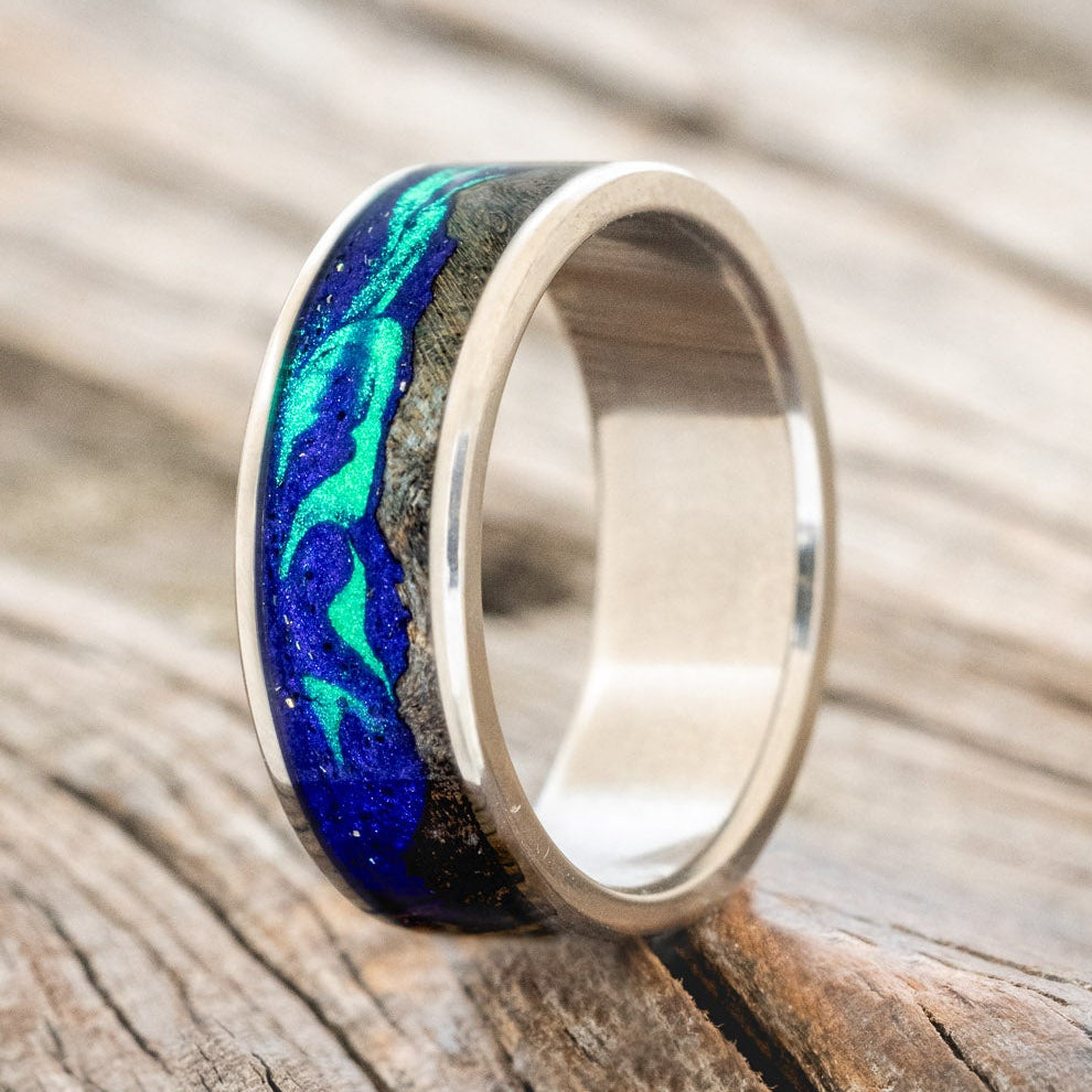 "BOREALIS" - MOUNTAIN ENGRAVED WEDDING RING WITH DARK MAPLE WOOD & GLOW IN THE DARK NORTHERN LIGHTS-4