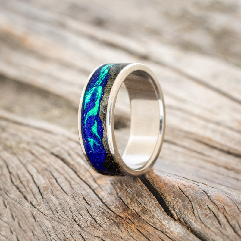 "BOREALIS" - MOUNTAIN ENGRAVED WEDDING RING WITH DARK GRAY MAPLE WOOD & GLOW IN THE DARK NORTHERN LIGHTS - TITANIUM - SIZE 7 3/4-Staghead Designs