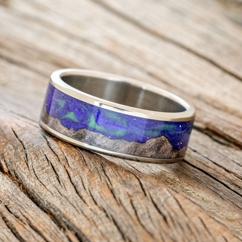 "BOREALIS" - MOUNTAIN ENGRAVED WEDDING RING WITH DARK GRAY MAPLE WOOD & GLOW IN THE DARK NORTHERN LIGHTS - TITANIUM - SIZE 7 3/4-Staghead Designs