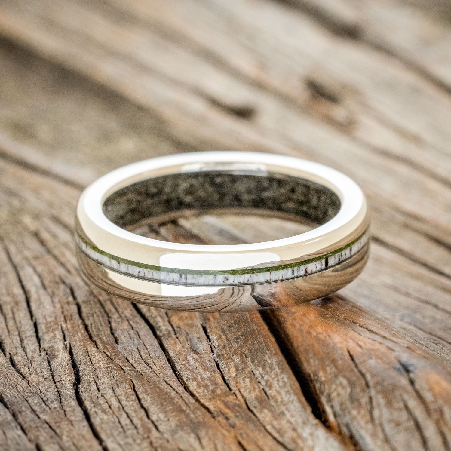"VERTIGO" - MOSS & ANTLER INLAYS WITH SAND LINING WEDDING RING-3