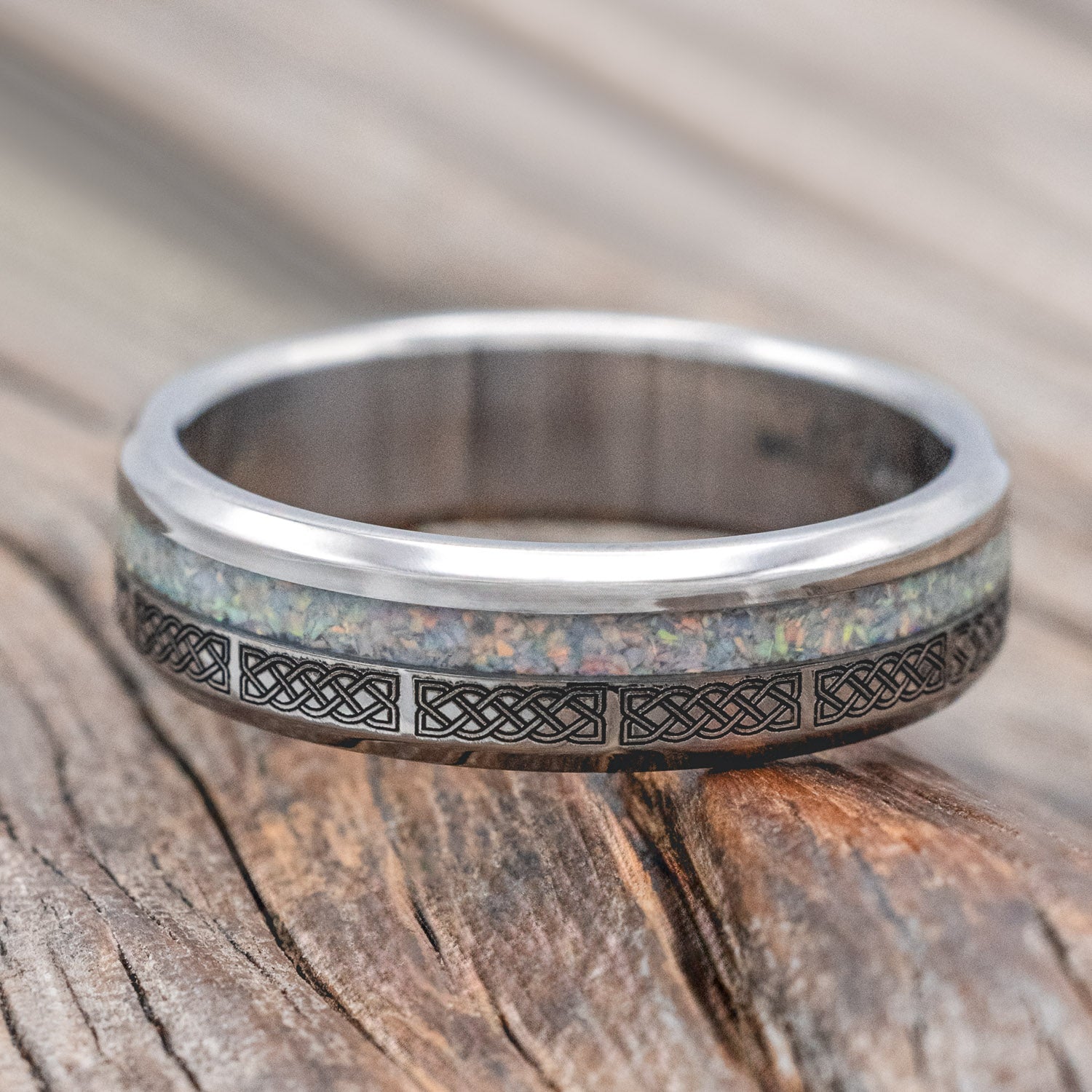 "VERTIGO" - CELTIC SAILOR'S KNOT ENGRAVED WITH FIRE & ICE OPAL WEDDING RING-Staghead Designs