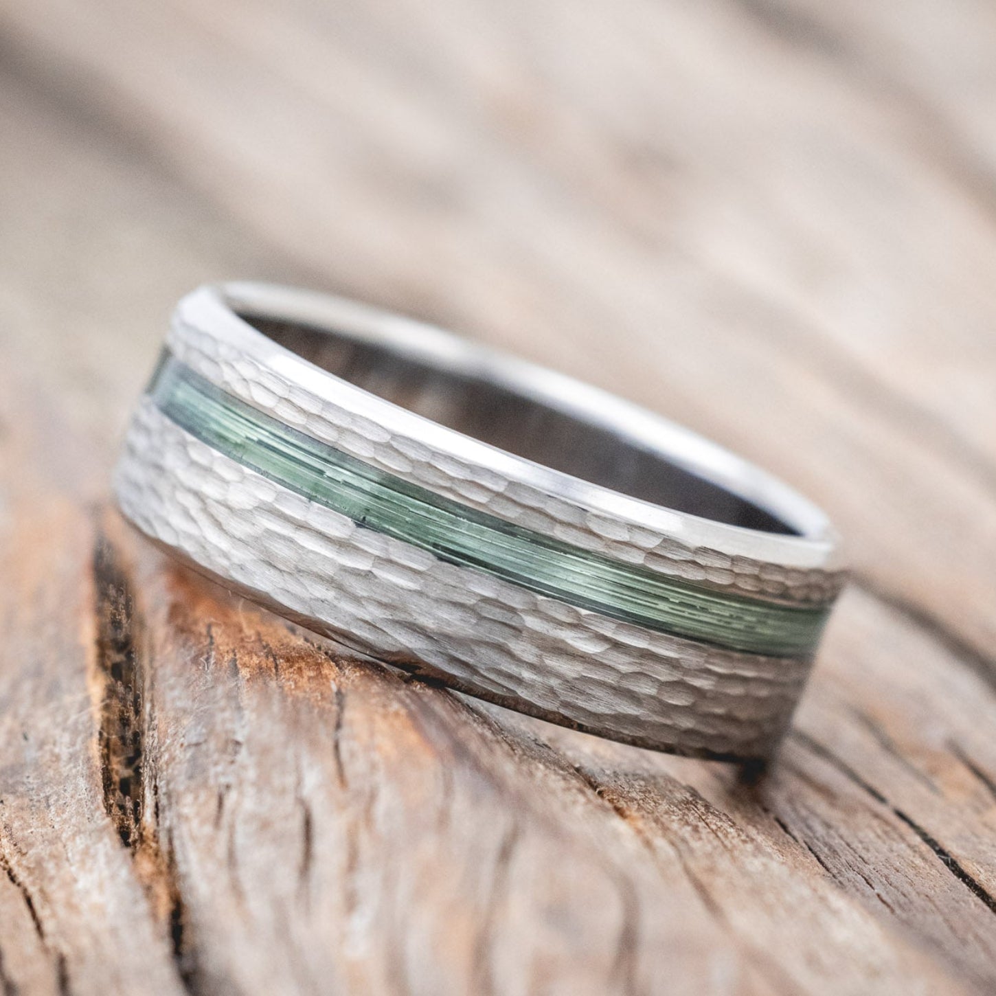 "VERTIGO" - HAMMERED WEDDING BAND WITH FISHING LINE INLAYS-Staghead Designs